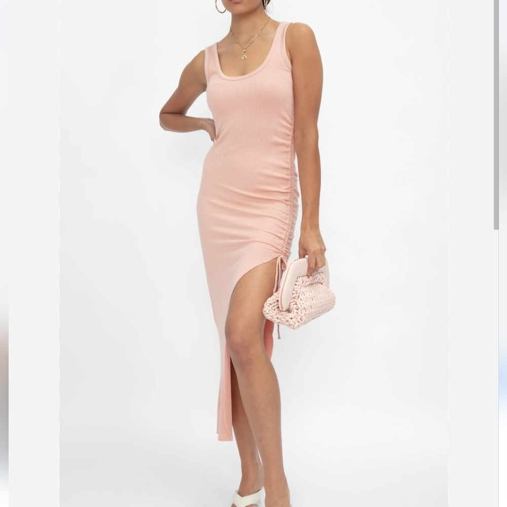 The Range Cinched Tank MidiDress  Ruched Side Slit Ribbed Sleeveless OrangeSz M